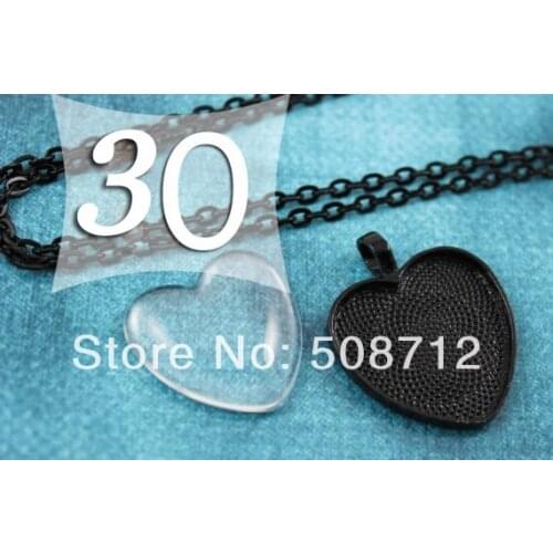 30sets DIY 1 Inch Pendant Kits Black Color Heart 25 mm Pendant Tray with matching Chain and Glass