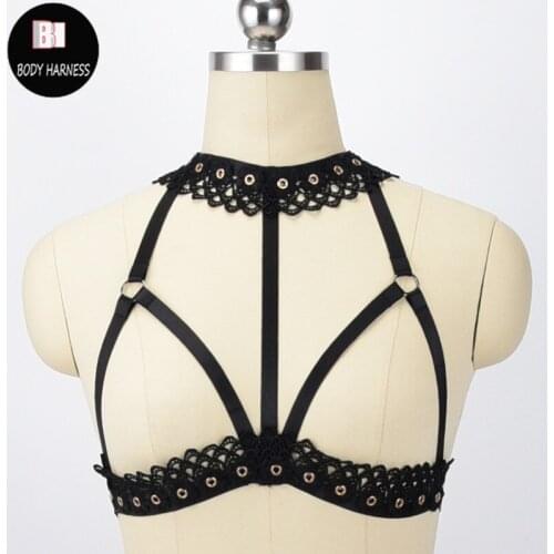 Flower Lace Harness Bra Women Gothic Necklace Fetish Cage Bra Body Bondage Lingerie Crop Top Body Harness