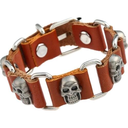 Jessingshow 15mm Wide Vintage Bangle Punk Cool Hip Hop Metal Accessory Leather Skull Skeleton Bracelet Mens Gift Jewelry