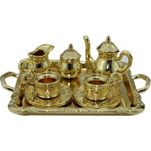 Dollhouse Miniature 1: 12 Toy 8 pcs Metal Tea Set Length 6.5cm Gold