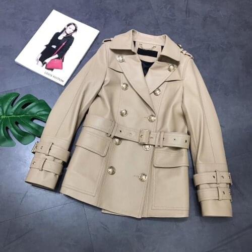 Maylofuer genuine leather jacket women coat fashion short jackets for spring winter long sleeves with belt Double-breasted