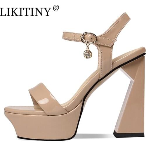 LIKITINY 2021 Summer Temperament High Heels Sandals Elegant Beige Strange Style Heels Buckle Strap Womens Shoes Party Shoes 33