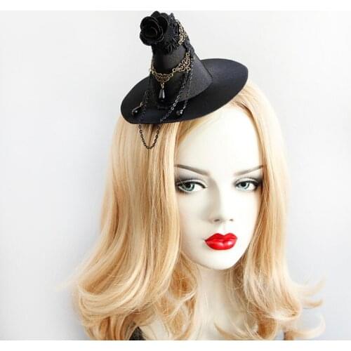 Cute Black Witch Hat with Handmade Flowers Halloween Party Favor Gothic Style Prom Stage Property for Child and Adult T206