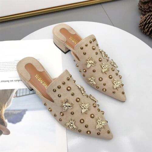 Summer Shoes Women Pointed Toe Mules Slippers 2021 Fashion Rivet Bee Casual Shoes Half Slipper for Women Mules Ldies flat shoe