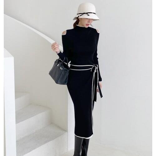 Autumn Elegant OL Lace up Elastic Knit Pullover Sweater Long Dress Black Strapless Sheath Pencil Knitted Dresses Vestidos