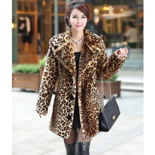 Savabien 2019 Women Leopard Faux Fur Coat Winter Warm Thick Overcoat Turn Down Collar Long Sleeve Furry Fake Fur Jacket Female
