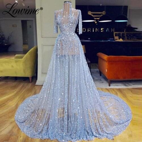 Illusion Couture CrystalBeaded Prom Dresses A Line Half Sleeves Blue Evening Gowns Sheer Tulle Celebrity Party Dress See Through