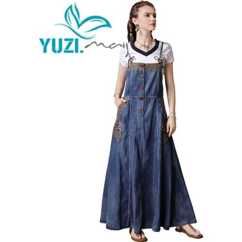 Summer Dress 2019 Yuzi.may Boho New Denim Women Dresses Strapless Single Breasted Vintage Embroidery Vestidos A82171 Vestido