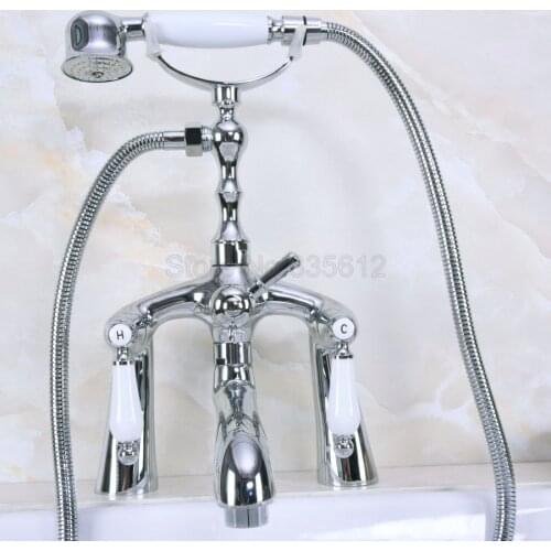 Polished Chrome Bathroom Shower Taps Deck Mounted Clawfoot Bath Tub Faucet Dual Handle Mixer Tap with Handheld Shower Wna105