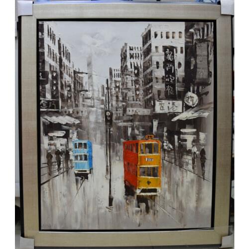 Hand Painted Canvas Knife Oil Painting Abstract Hong Kong Trams Street Painting Wall Picture for Home Decoration