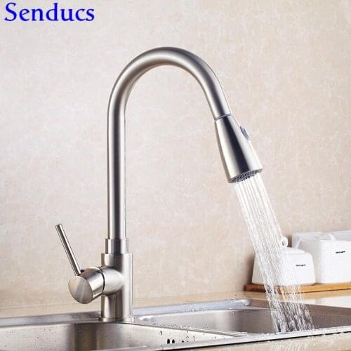 Senducs Pull Down Kitchen Faucet Deck Mounted Hot Cold Kitchen Sink Faucet Quality Brass Single Hole Pull Out Kitchen Mixer Tap