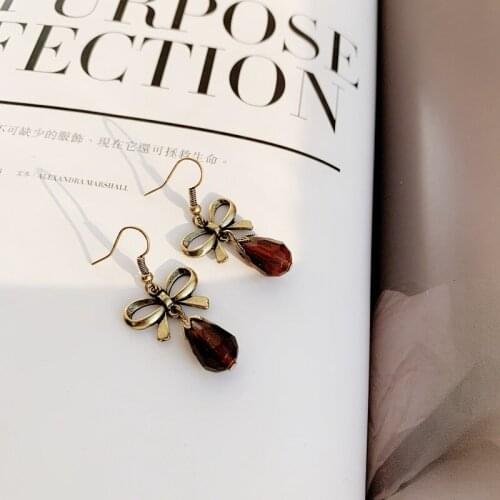 New Fashion Antique Brozen Alloy Bowknot Drop Earrings for Women Vintage Brown Crystal Water Drop Earrings Jewelry Party Gift