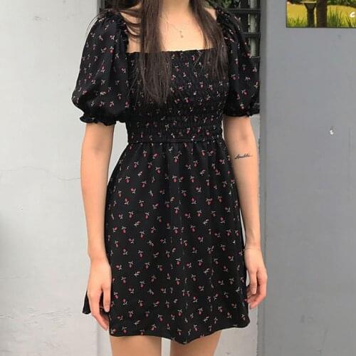 Square Collar Chiffon Floral Dress Kawai a Line Vestido Boho Black Mini Vestidos Verano 2020 Korean Retro Cute Harajuku