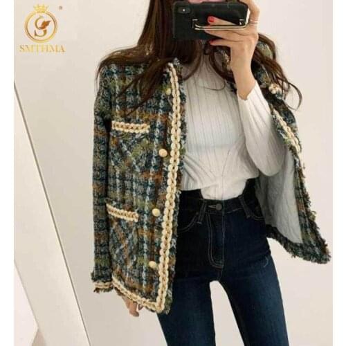 SMTHMA 2021 New Arrival Woman Green Plaid Tweed Woolen Jacket Coat Female OL Single-Breasted Elegant Outwear
