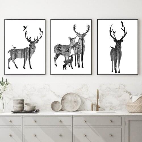 Modern Silhouette Posters Black White Deer Animal Canvas Painting Wall Art Pictures Prints Interior Livingroom Nordic Home Decor