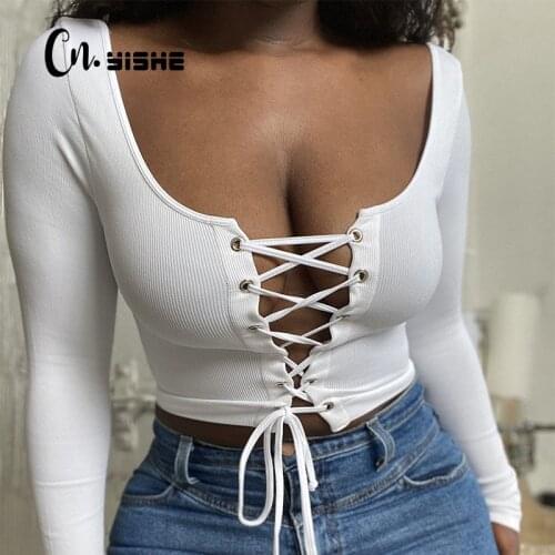 CNYISHE Women Sexy Hollow Out Crossed Bandage T-shirts Tees Tops Fashion Winter Long Sleeve Crop Top Female Party Streetwear Tee