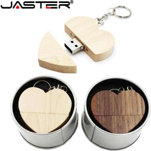 JASTER 1pcs free logo wooden Heart + metal gift box USB Flash Drive 2.0 64GB 32GB 16GB 8GB U Disk photography wedding gifts