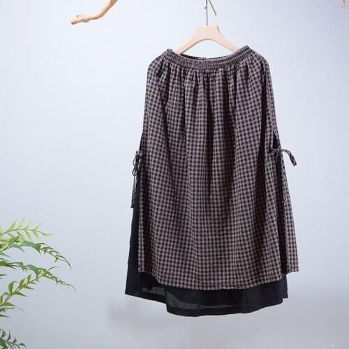 2021 New Spring Autumn Women Skirt Japan Style Mori Girl Elastic Waist Plaid Cotton linen Loose Skirts Women ZZ3918