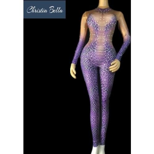 Female Singer Dancer Sexy Leggings Costume One-piece Bodysuit Nightclub Oufit Party Wear Outfit Purple Sneck Printed Jumpsuit