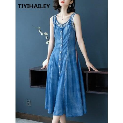 TIYIHAILEY Free Shipping Fashion Summer Embroidery Sleeveless Denim Dresses Women Long mid-calf S-XL Vintage Dress With Pocket