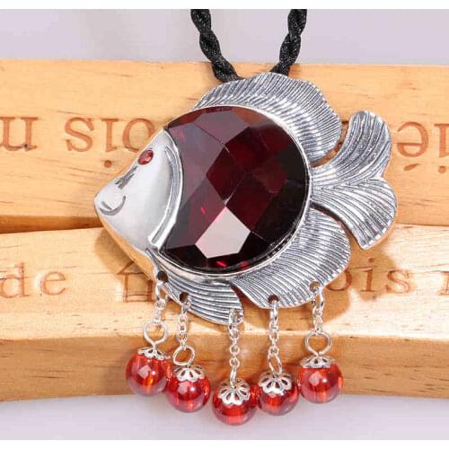 ZHJIASHUN Royal Natural Garnet Fish Big Pendant Necklace 100% 925 Sterling Silver Gemstones Pendants Jewelry For Women