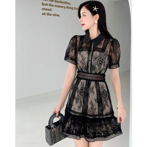 Fashion Runway Vintage Lace Dress Women Short Sleeve Turn Down Collar Hollow Out Black Mini Dress Beach Mermaid Party Dress