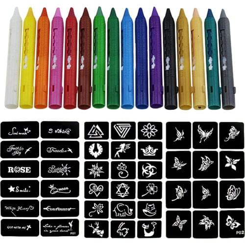 16 Colors Non-toxic Face Body Painting Crayon Sticks with 3 Sheet Tattoo Stickers Stencil Kids Child Adult Drawing Toys Gifts
