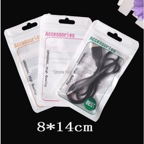 200pcs 8*14cm Plastic Zipper Clear Retail Packaging bags for iphone 8PIN 1M USB cable Accessorys best pp hang hole Package bag