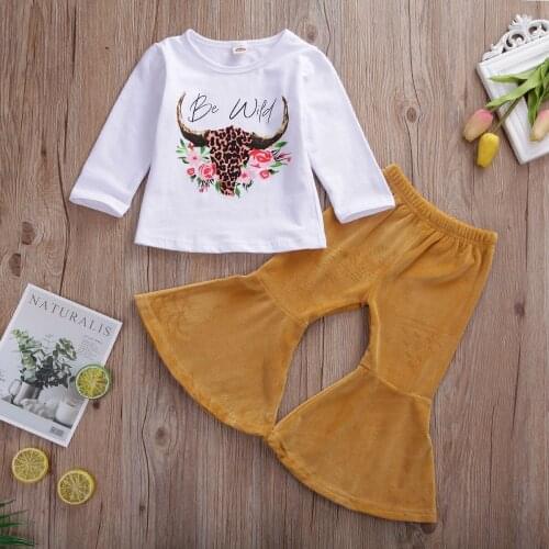 2021 Fashion Toddler Kids Baby Girls Clothes Sets Be Wild Print Long Sleeve Tops Bodysuits Flare Pants Outfits Set 1-6T