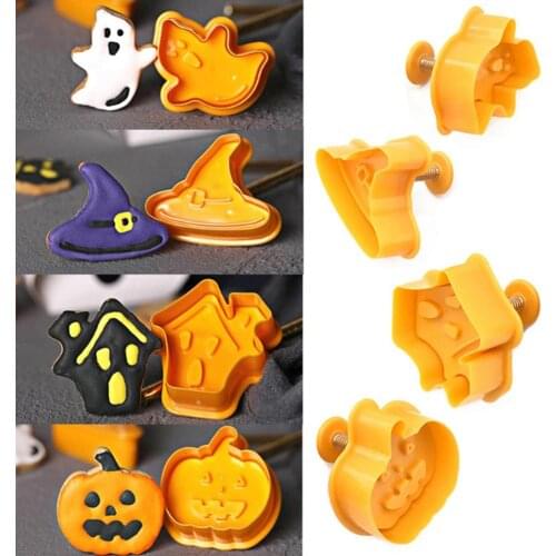 4pcs Biscuit Mold Halloween Cookie Cutters Fondant Cake Topper Mold 3D Witch Hat Pumpkin Ghost Shape Baking Mould Stampers