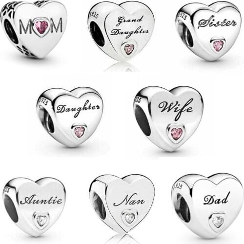 Free shipping 925 Sterling Silver Sister Dad MOM Nan Heart Charm Fit Original Pandora Bracelet For Women DIY Jewelry S925 Bead