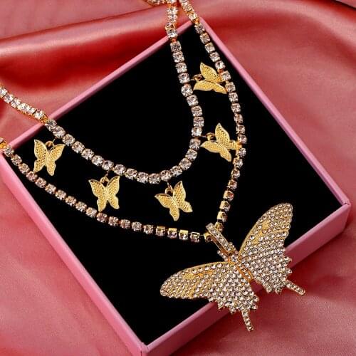JUST FEEL Crystal Big Butterfly Pendant Tennis Chain Necklace for Women Hip Hop Metal Butterfly Choker Necklace Iced Out Jewelry
