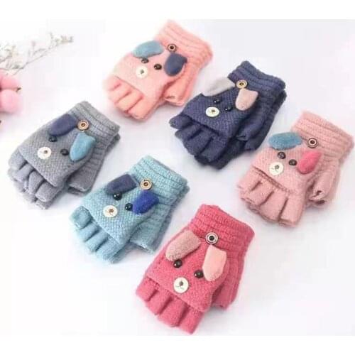 Kids Gloves Half-finger Flip Winter Baby Warm Five-finger Gloves Knitting Primary School Gloves Mittens 6-12year