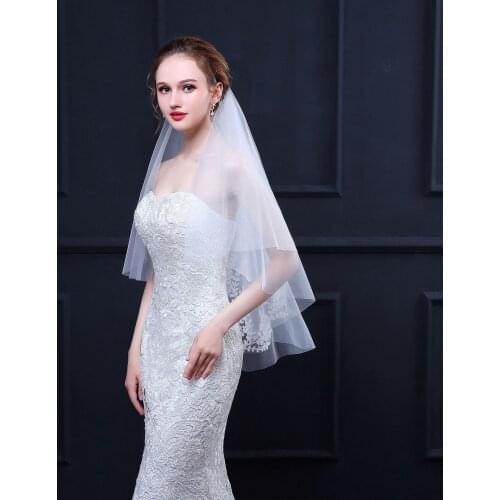 Two Layers Short Veil Simple Bridal Veil With Comb Ivory Wedding Veil Lace Beaded Wedding Accessories Veu De Noiva MD18019