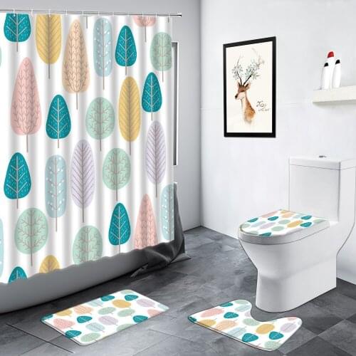 4pc Trees Leaves Floral Shower Curtain Set Bathroom Decor Modern Simple Design Flowers Plant Bath Mat Non-slip Rugs Toilet Cover