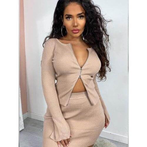 Two-piece Set 2021 Autumn Double Zipper Womens Autumn And Winter Ins Double Zipper Pit Strip Long-sleeved Top And Skirt Suit