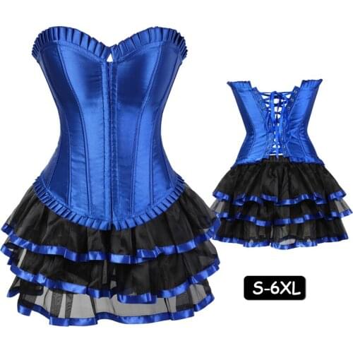 Fashion Blue Womens Steampunk Corset Dress Set Tutu Skirt Victorian Asymmetrical Plus Size Corsets Bustiers