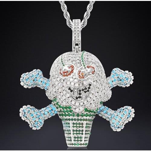 Mens Hip Hop Iced Out CZ Ice Cream Pendant Necklace Silver Color Necklace Charms Zircon Jewelry