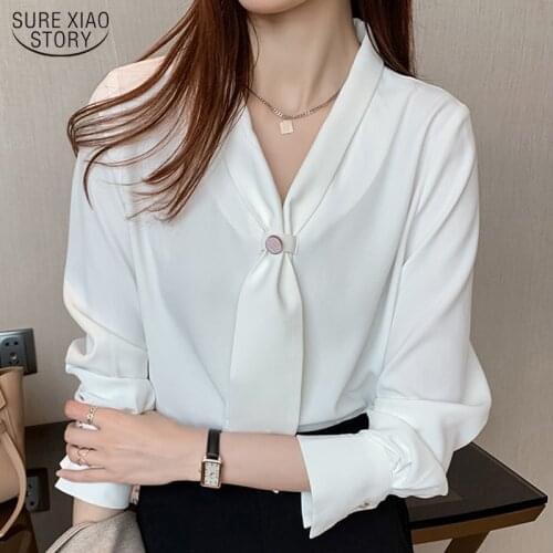 New White Chiffon Women Blouse with Tie Fashion Long Sleeve Office Lady Shirt V-neck Female Tops Clothes Blusas Mujer 15705