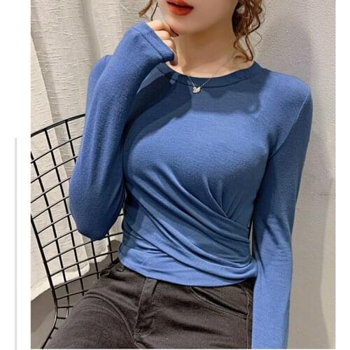 Autumn New Cotton Long Sleeve Folrds Tshirt Female Korean Fashion Slim Basic Woman Mujer Camisetas Tee Shirt Woman Womens Tops