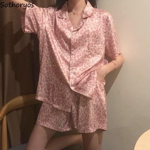 Pajama Sets Women Leopard Loose Casual Soft Lounge Wear Turn-down Collar Simple Short Sleeve Korean Style Summer Female Fashion