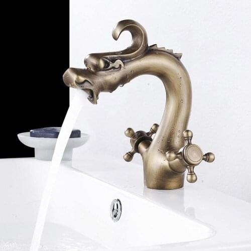 IMPEU Antique Brass Tall Dragon Shape Bathroom Countertop Vessel Sink Dual Handles Basin Mixer Tap Faucet