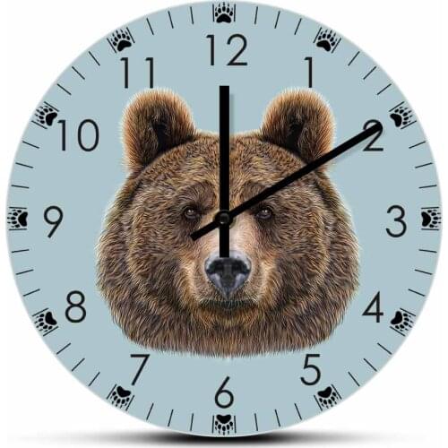 Bear Portrait Modern Wall Clock For Little Man Cave Bedroom Woodland Animal Wall Art Wildlife Home Décor Bear Paws Wall Clock