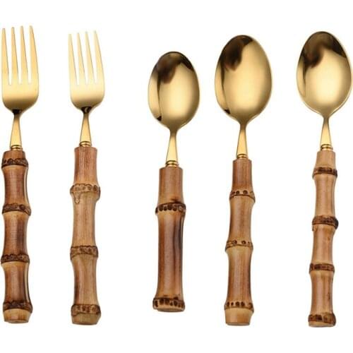 Tableware With Bamboo Handle With Steak Knives Cutlery Stainless Steel Flatware Cutlery Forks Spoons Knives