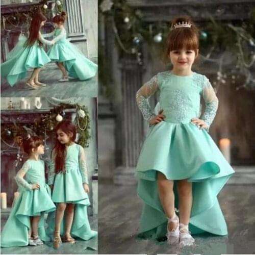 High Low Flower Girl Dresses For Weddings Girls Pageant Dresses Arabic Sheer Long Sleeves Lace Appliqued Kids Birthday Par