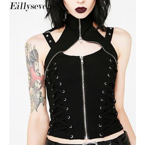 Womens Crop Top Gothic Hollow Out Black Tank Top Women Cross Bandage Goth Punk Top Women Summer Sleeveless Zipper Vest Lady