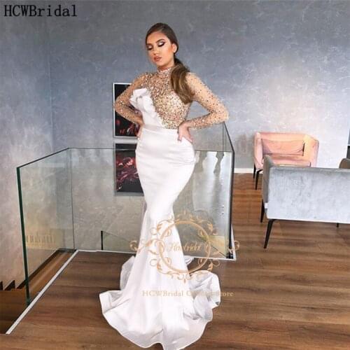 Customize Luxury Crystal Arabic Evening Dress High Neck Long Sleeves See Through White Mermaid Special Occasion Prom Party Gowns
