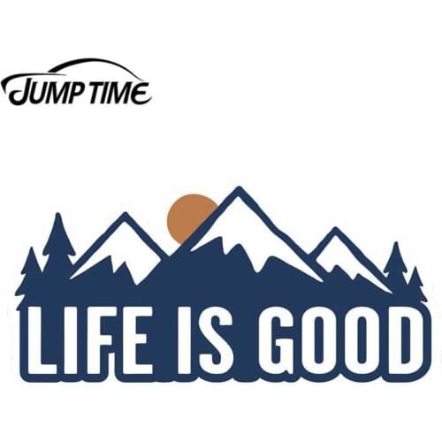 Jump Time 13cmx6.4cm Life Is Good Mountain Sunset Outdoor Hiking Vinyl Sticker Car Truck Window Decal Laptop Stickers Car Covers