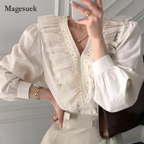 V Neck Women Blouse Spring Chic Ruffle Lace Patchwork Solid Shirt Elegant Fashion Loose Hollow Out Long Sleeve Casual Top 13664