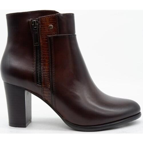 Women vintage brown leather snake leather metal buckles temperament bottom thick short boots round head high heels